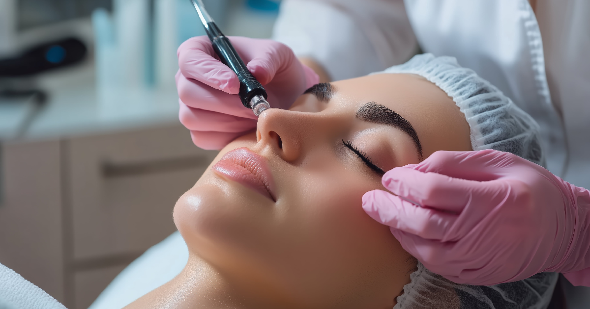 woman receiving a microneedling treatment on her face by a professional in Georgia